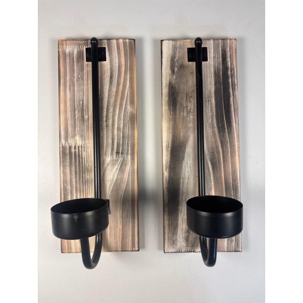 Rustic Wood and Black Metal Wall Sconce Candle Holder Set of 2 Farmhouse Decor